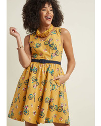 ModCloth Zest Of The Bunch Cotton A Line Dress In Bicycles In 4x Sleeveless Fit Flare Knee Length By