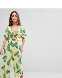 Asos Petite Asos Design Petite Tea Jumpsuit With Cut Out And In Linen In Leaf Print