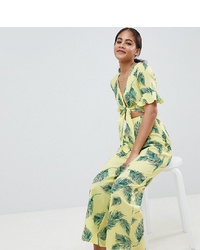 Asos Tall Asos Design Tall Jumpsuit With Cut Out And In Linen Leaf Print