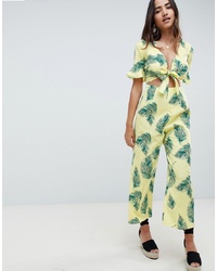 ASOS DESIGN Tea Jumpsuit With Cut Out And In Linen In Leaf Print