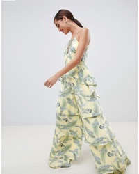 ASOS DESIGN Tiered Jumpsuit With Lace Up Front In Tropical Print