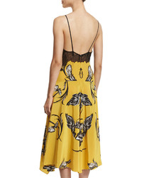 Roberto Cavalli Sleeveless Feather Print Dress Wlace Yellow