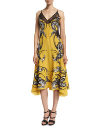 Roberto Cavalli Sleeveless Feather Print Dress Wlace Yellow