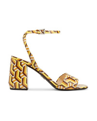 Yellow Print Leather Heeled Sandals
