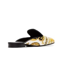 Versace White Black And Yellow Barocco Istante Print Leather Backless Loafers