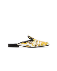 Versace White Black And Yellow Barocco Istante Print Leather Backless Loafers