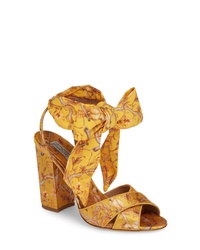 Yellow Print Satin Heeled Sandals