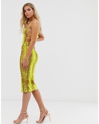 PrettyLittleThing Bodycon Midi Dress With Py Side Detail In Neon Snake
