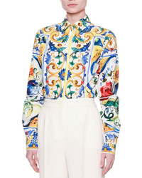 Dolce & Gabbana Maiolica Tile Print Classic Shirt Whiteblueyellow