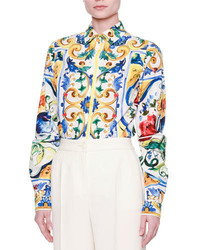 Dolce & Gabbana Maiolica Tile Print Classic Shirt Whiteblueyellow