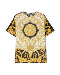 Yellow Print Silk Crew-neck T-shirt
