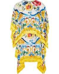 Dolce & Gabbana Fringed Printed Stretch Silk Blend Twill Mini Dress Yellow