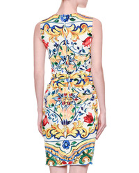 Dolce & Gabbana Maiolica Tile Print Ruched Waist Dress Whiteblueyellow