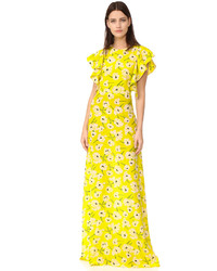 Yellow Print Silk Evening Dress