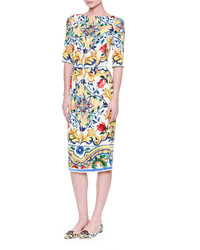 Dolce & Gabbana Half Sleeve Maiolica Print Sheath Dress Whiteblueyellow