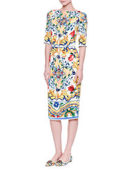 Dolce & Gabbana Half Sleeve Maiolica Print Sheath Dress Whiteblueyellow
