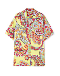 Yellow Print Silk Short Sleeve Button Down Shirt