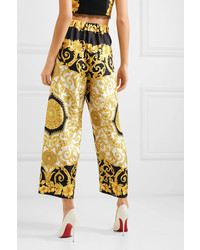 Versace Printed Cropped Silk Charmeuse Wide Leg Pants
