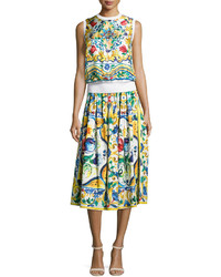 Dolce & Gabbana Maiolica Tile Print A Line Skirt Whiteblueyellow