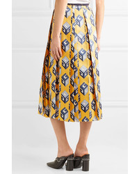Gucci Pleated Printed Silk Twill Midi Skirt Yellow