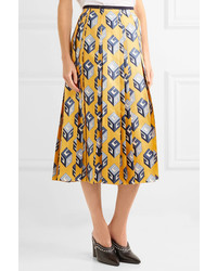 Gucci Pleated Printed Silk Twill Midi Skirt Yellow