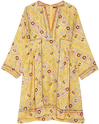 Isabel Marant Thurman Embroidered Printed Silk Dress Pastel Yellow