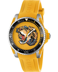 Gucci 40mm Dive Tiger Watch W Rubber Strap Yellow