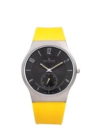 Skagen Analog Stainless Watch Yellow Rubber Strap Black Dial 805xltry