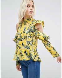 Asos Floral Ruffle Top With Cold Shoulder Detail