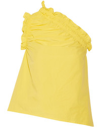 MSGM One Shoulder Ruffled Cotton Poplin Top Yellow