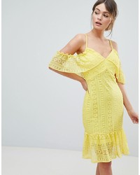 Yellow Ruffle Lace Bodycon Dress