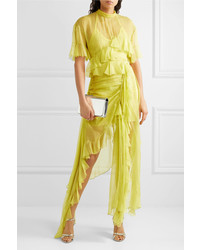 Preen by Thornton Bregazzi Azura Cutout Asymmetric Ruffled Silk Chiffon Midi Dress Chartreuse