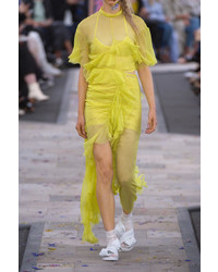 Preen by Thornton Bregazzi Azura Cutout Asymmetric Ruffled Silk Chiffon Midi Dress Chartreuse