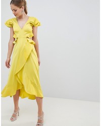 Yellow Ruffle Satin Wrap Dress