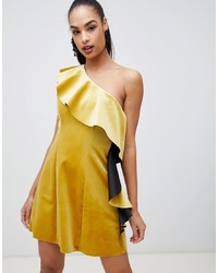 ASOS DESIGN Velvet One Shoulder Ruffle Mini Dress