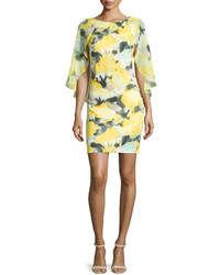 Donna Ricco Cape Sleeve Watercolor Sheath Dress Yellowmulti
