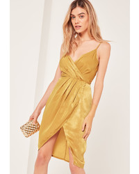 Missguided Petite Yellow Silky Strappy Wrap Over Midi Dress