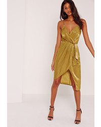 Missguided Silky Strappy Wrap Over Midi Dress Yellow