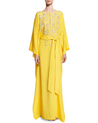 Oscar de la Renta Split Neck Belted Silk Caftan Gown Yellow