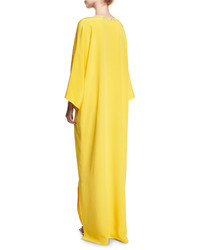 Oscar de la Renta Split Neck Belted Silk Caftan Gown Yellow