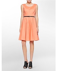 Calvin Klein Belted Cotton Fit Flare Sleeveless Dress