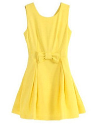 Romwe Bowknot A Line Pleated Sleeveless Sweet Yellow Dress