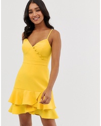 Forever New Button Detail Flippy Hem Mini Dress With Belt In Yellow