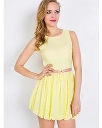 Choies Yellow Sleeveless Mini Skater Dress With Belt