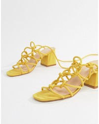Public Desire Freya Yellow Mid Heeled Sandals Faux Suede