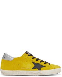 Golden Goose Deluxe Brand Superstar Distressed Leather Paneled Suede Sneakers Chartreuse