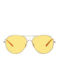 Oliver Peoples Silver And Yellow Rockmore Aviator Sunglasses