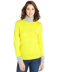 Magaschoni Yellow And Grey Cashmere Knit Colorblock Turtleneck Sweater