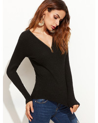 Shein Black V Neck Zipper Ribbed Sweater