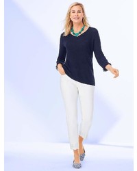 Talbots Textured V Neck Sweater With Fringed Trimmed Sleeves